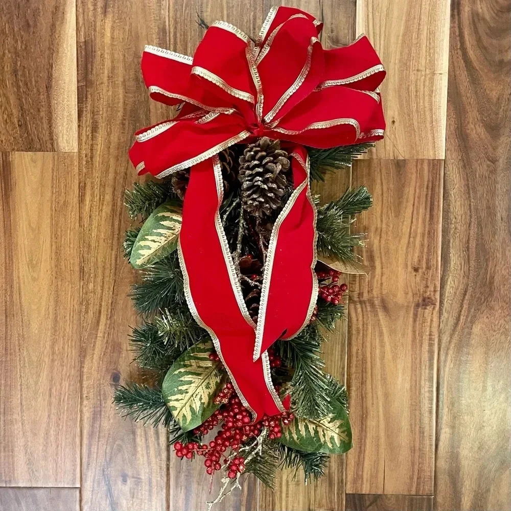 Vintage Artificial Pine Christmas Teardrop Swag with Pine Cones And Ribbon Bow.